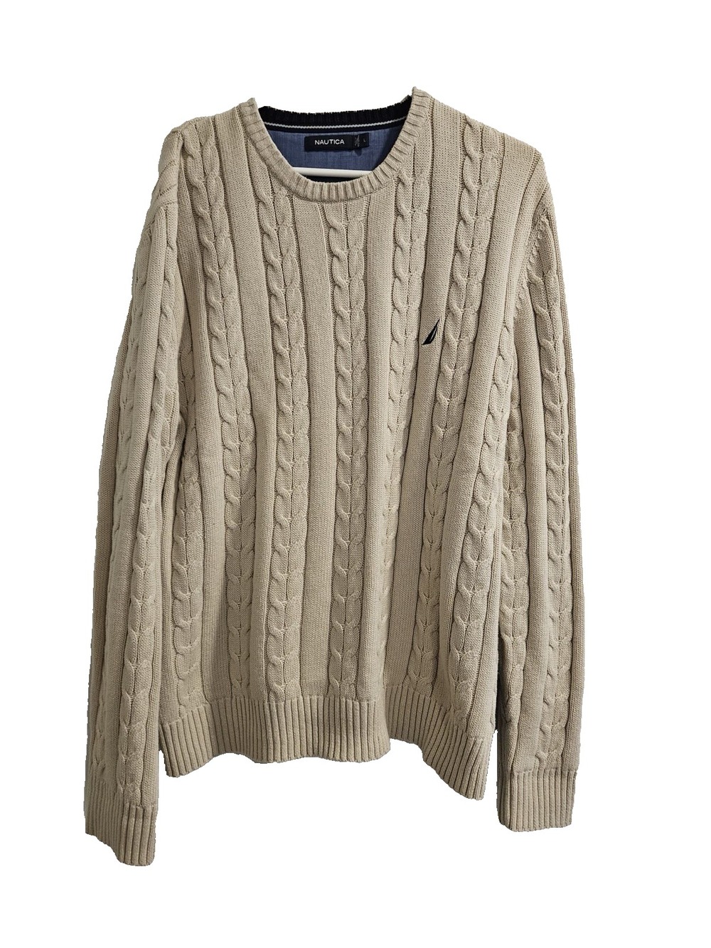 Nautica Beige Men's Cable Knit Crew Neck Long Sleeve Pullover Sweater Size L